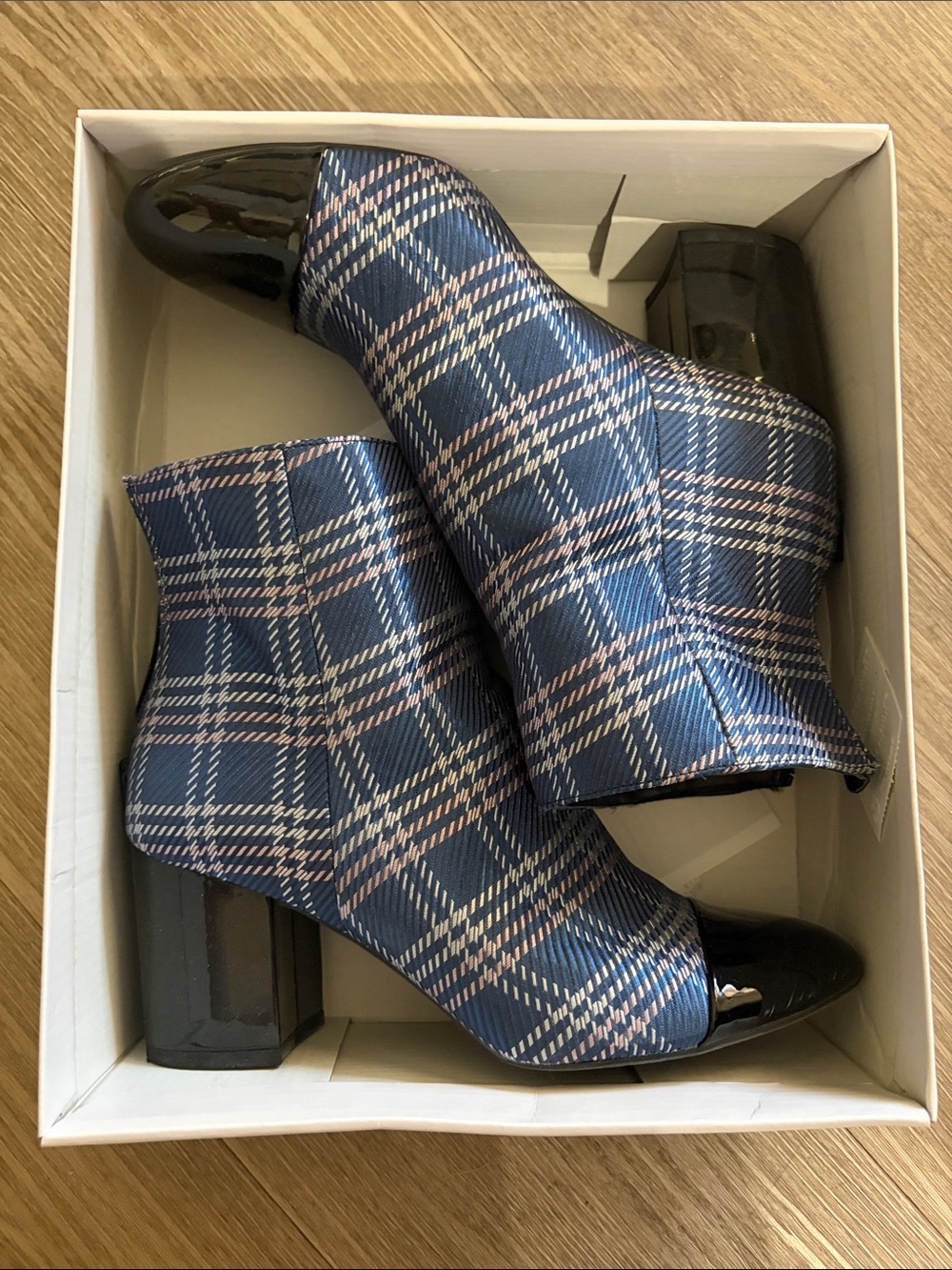 Plaid Blue Ankle Boots with Patent Toe - Women